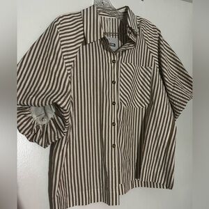 Brown and White Striped Button-Up Shirt